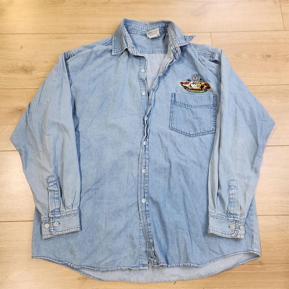 Vintage Looney Tunes Shirt Mens Large Blue Denim Button Long Sleeve Cartoon 90s